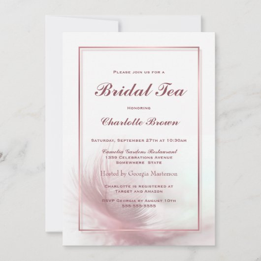 Elegant Dusty Pink Feather Bridal Tea Kaart (Voorkant)