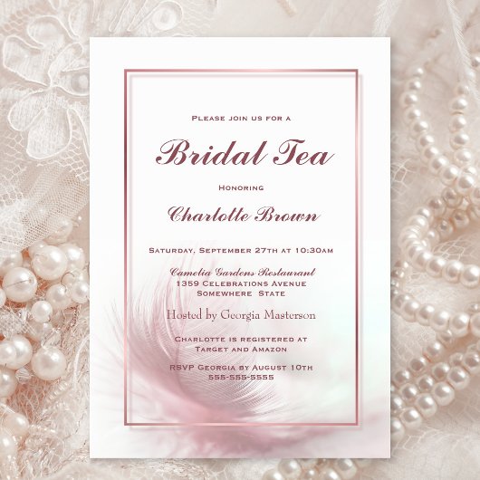 Elegant Dusty Pink Feather Bridal Tea Kaart