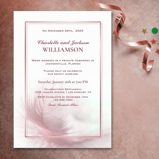 Elegant Dusty Pink Feather Wedding Reception Kaart