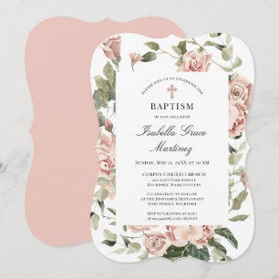 Elegant Dusty Pink Floral Cross Baptisme Kaart