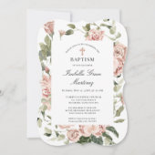 Elegant Dusty Pink Floral Cross Baptisme Kaart (Voorkant)