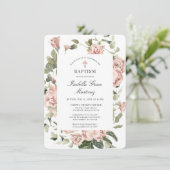 Elegant Dusty Pink Floral Cross Baptisme Kaart (Staand voorkant)