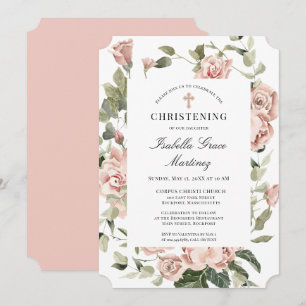 Elegant Dusty Pink Floral Cross Christening Kaart
