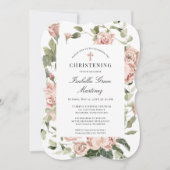 Elegant Dusty Pink Floral Cross Christening Kaart (Voorkant)