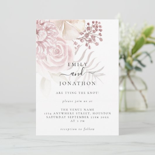 Elegant Dusty Pink Florals Informele Script Bruilo Kaart (Staand voorkant)