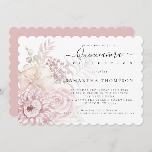 Elegant Dusty Pink Florals Quinceañera Kaart (Voorkant / Achterkant)