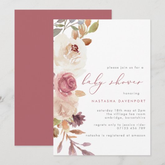 Elegant Dusty Pink Flowers Baby shower Kaart (Voorkant / Achterkant)