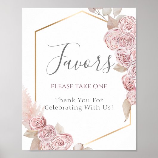 Elegant Dusty Pink Flowers Gold Wedding Favor Sign Poster (Voorkant)
