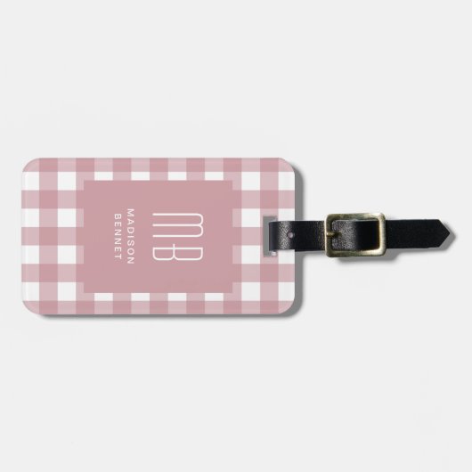 Elegant Dusty Pink Gingham Monogram Bagagelabel (Voorkant horizontaal)