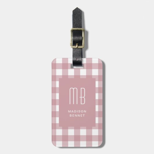 Elegant Dusty Pink Gingham Monogram Bagagelabel (Voorkant verticaal)