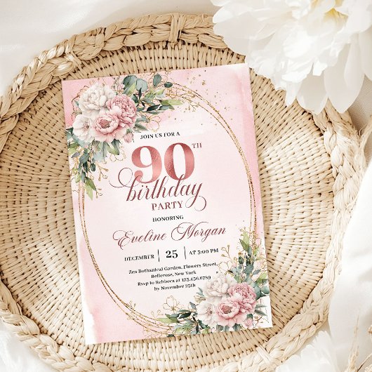 Elegant Dusty Pink Gold Greenery 90th Birthday  Kaart