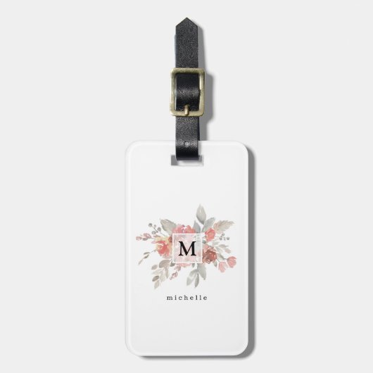 Elegant Dusty Pink Grey Flower Monogram Bagagelabel (Voorkant verticaal)