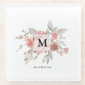 Elegant Dusty Pink Grey Flower Monogram Glazen Onderzetter (Voorkant)