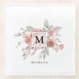 Elegant Dusty Pink Grey Flower Monogram Glazen Onderzetter