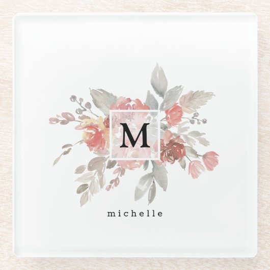 Elegant Dusty Pink Grey Flower Monogram Glazen Onderzetter (Voorkant)