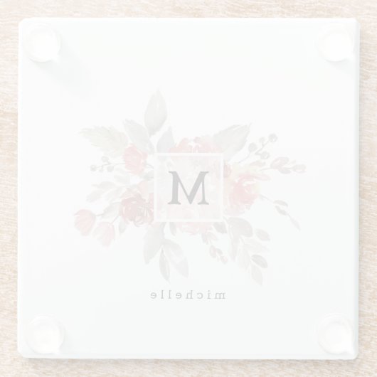 Elegant Dusty Pink Grey Flower Monogram Glazen Onderzetter (Achterkant)