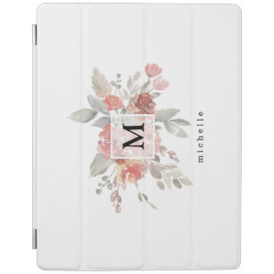 Elegant Dusty Pink Grey Flower Monogram iPad Cover