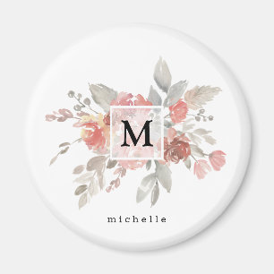 Elegant Dusty Pink Grey Flower Monogram Magneet
