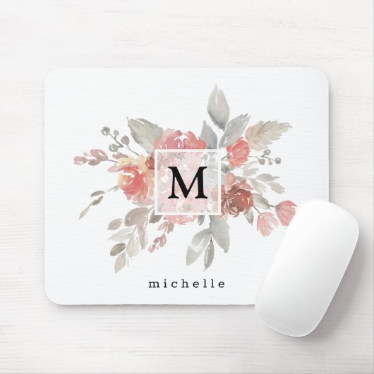 Elegant Dusty Pink Grey Flower Monogram Muismat (Met muis)