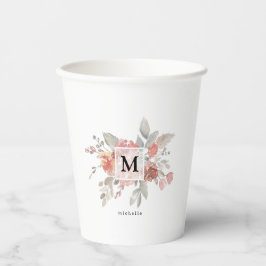 Elegant Dusty Pink Grey Flower Monogram Papieren Bekers