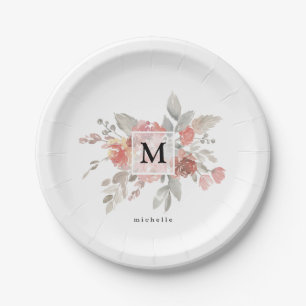 Elegant Dusty Pink Grey Flower Monogram Papieren Bordje