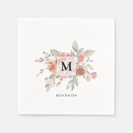 Elegant Dusty Pink Grey Flower Monogram Servet