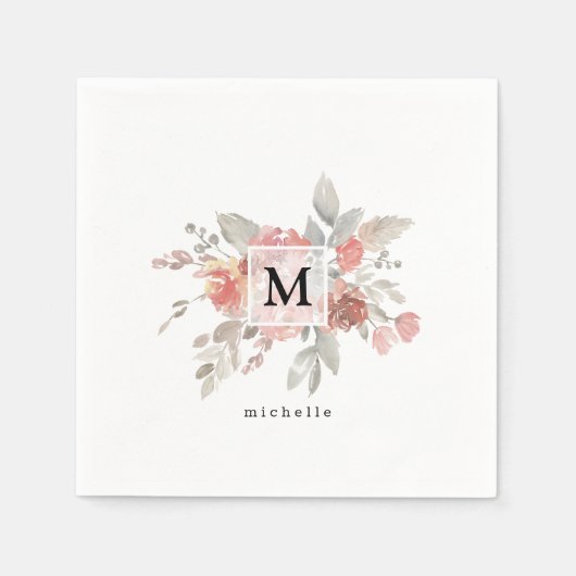 Elegant Dusty Pink Grey Flower Monogram Servet (Voorkant)