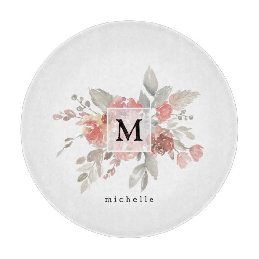 Elegant Dusty Pink Grey Flower Monogram Snijplank (Voorkant)