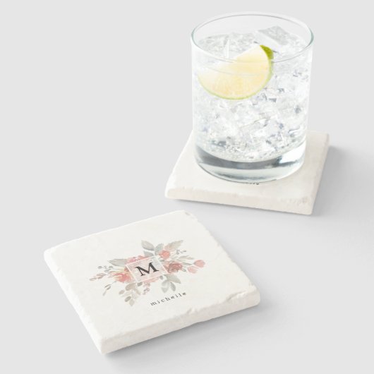 Elegant Dusty Pink Grey Flower Monogram Stenen Onderzetter (Zijkant)