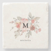 Elegant Dusty Pink Grey Flower Monogram Stenen Onderzetter (Voorkant)