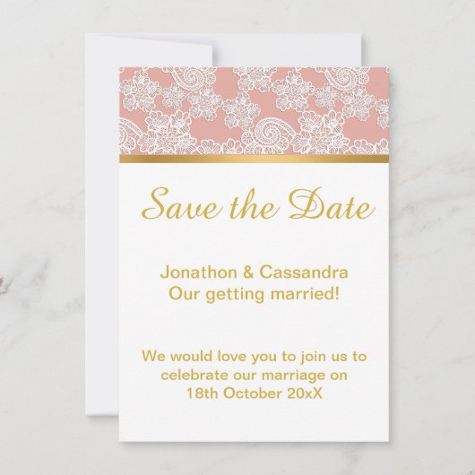 ELEGANT DUSTY PINK LACE GOLD BEWART DE DATUM (Voorkant)