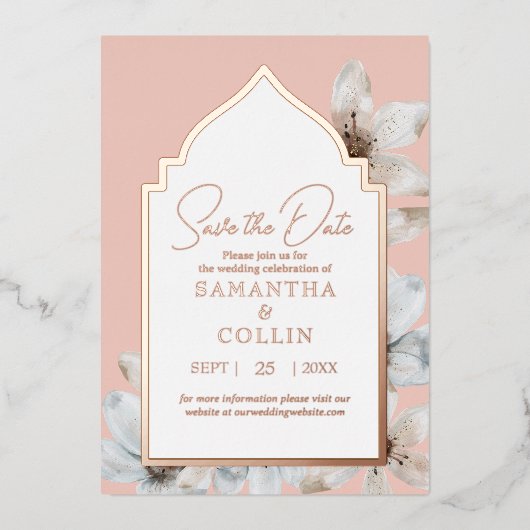 Elegant Dusty Pink Magnolia Flowers Save the Date Folie Uitnodiging (Voorkant)
