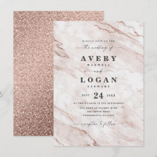 Elegant Dusty Pink Marble & Glitter Wedding Kaart