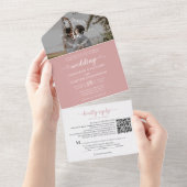 Elegant Dusty Pink Monogram QR Code Foto bruiloft All In One Uitnodiging (Afscheurbaar)