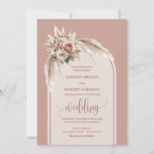 Elegant Dusty Pink Pampas Floral Wedding Invite Kaart (Voorkant)