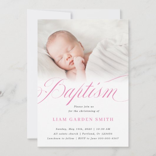 Elegant Dusty Pink Pastel Script Baptisme Foto Kaart (Voorkant)
