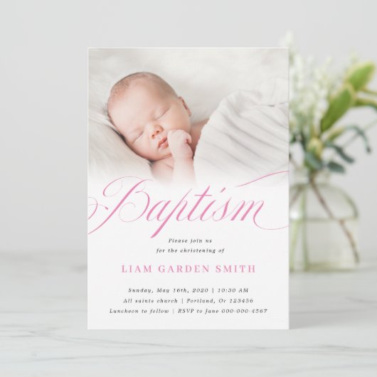 Elegant Dusty Pink Pastel Script Baptisme Foto Kaart (Staand voorkant)
