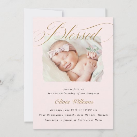 Elegant Dusty Pink Pastel Script Baptisme Foto Kaart (Voorkant)