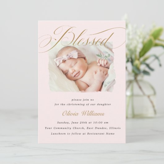 Elegant Dusty Pink Pastel Script Baptisme Foto Kaart (Staand voorkant)