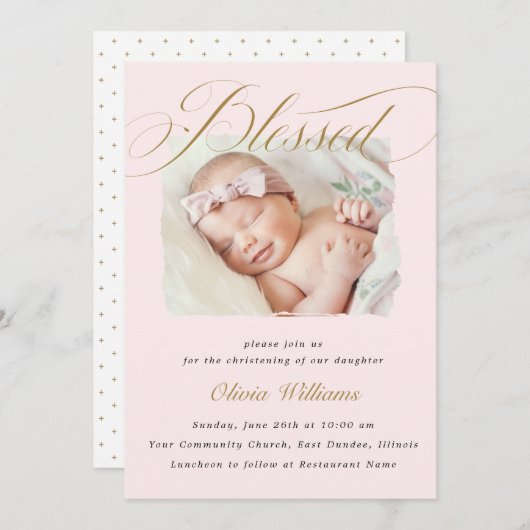 Elegant Dusty Pink Pastel Script Baptisme Foto Kaart (Voorkant / Achterkant)