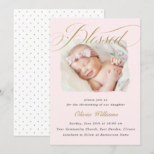 Elegant Dusty Pink Pastel Script Baptisme Foto Kaart