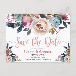 Elegant Dusty Pink Peach Blue Floral Save the Date Aankondigingskaart
