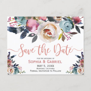 Elegant Dusty Pink Peach Blue Floral Save the Date Aankondigingskaart