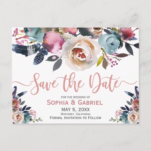 Elegant Dusty Pink Peach Blue Floral Save the Date Aankondigingskaart (Voorkant)