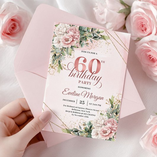 Elegant Dusty Pink Rose Gold 60th Birthday Invite Kaart