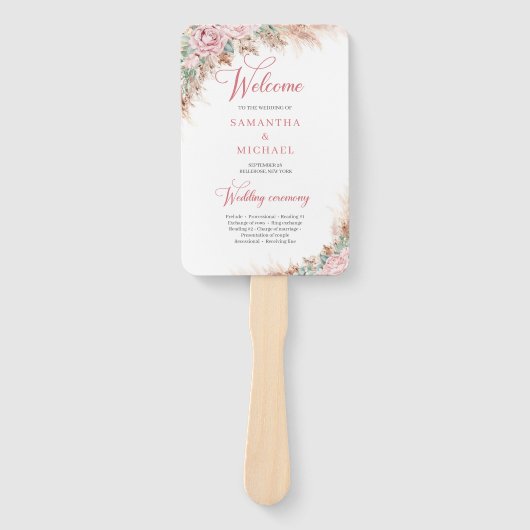 Elegant Dusty Pink Roses Pampas gras en groen Handwaaier (Voorkant)