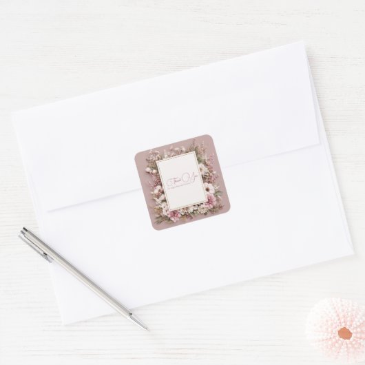 Elegant Dusty Pink Rustic Floral Gold Frame Vierkante Sticker (Envelop)