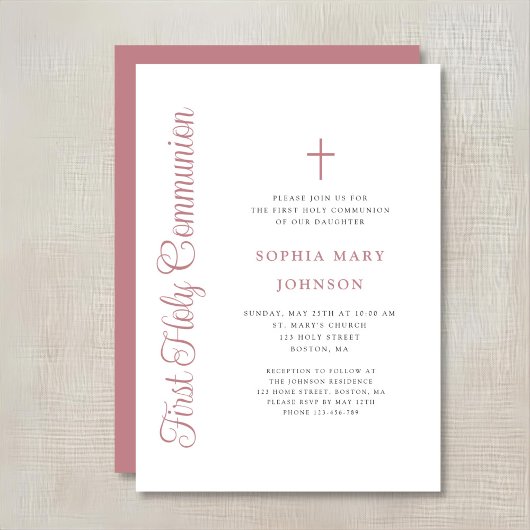 Elegant Dusty Pink Script Girl First Communion Kaart