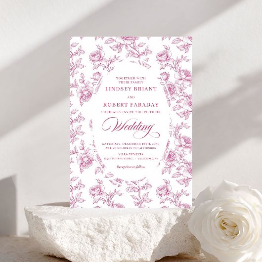 Elegant Dusty Pink Toile Roses Wedding Invitation Kaart