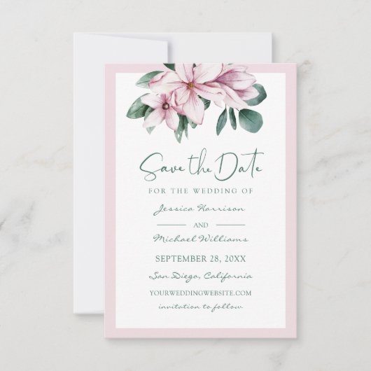 Elegant Dusty Pink Waterverf Floral Eucalyptus Save The Date (Voorkant)